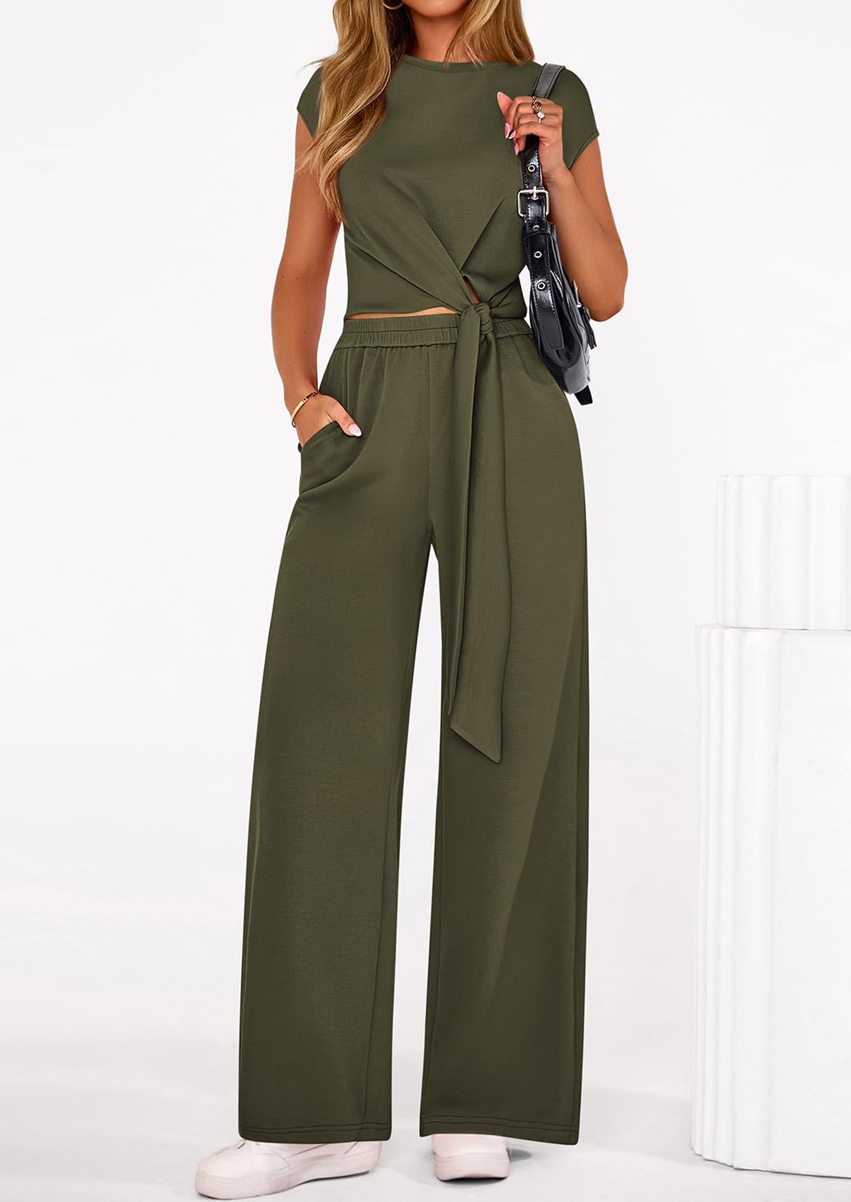 PRETTYGARDEN 2 Piece Matching Lounge Sets For Women Summer Short Sleeve Tie Front Crop Tops Casual Wide Leg Pants Tracksuit