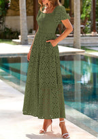 PRETTYGARDEN Dresses for Women Eyelet Square Neck Puff Sleeve Smocked Wedding Guest Maxi Dress with Pockets