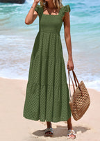 PRETTYGARDEN Womens Square Neck Maxi Dresses Cap Sleeve Eyelet Smocked Tiered A Line Flowy Long Dress with Pockets
