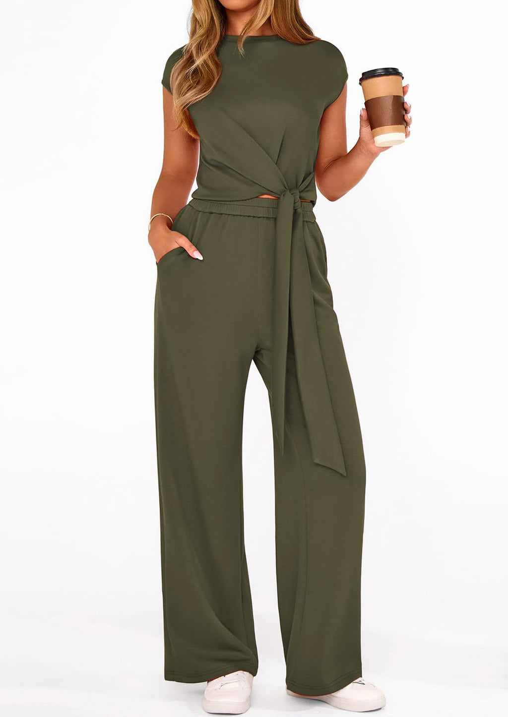 PRETTYGARDEN 2 Piece Matching Lounge Sets For Women Summer Short Sleeve Tie Front Crop Tops Casual Wide Leg Pants Tracksuit