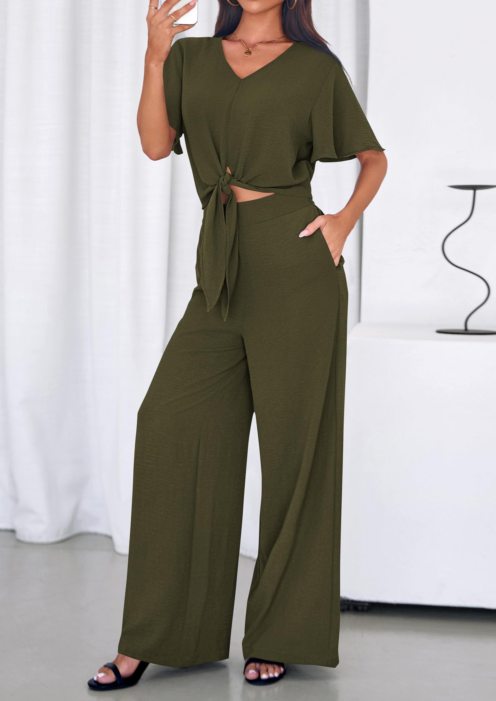 PRETTYGARDEN Women 2 Piece Summer Outfits Short Sleeve Strappy Top Wide Leg Pants Tracksuit Lounge Sets Beach Clothes