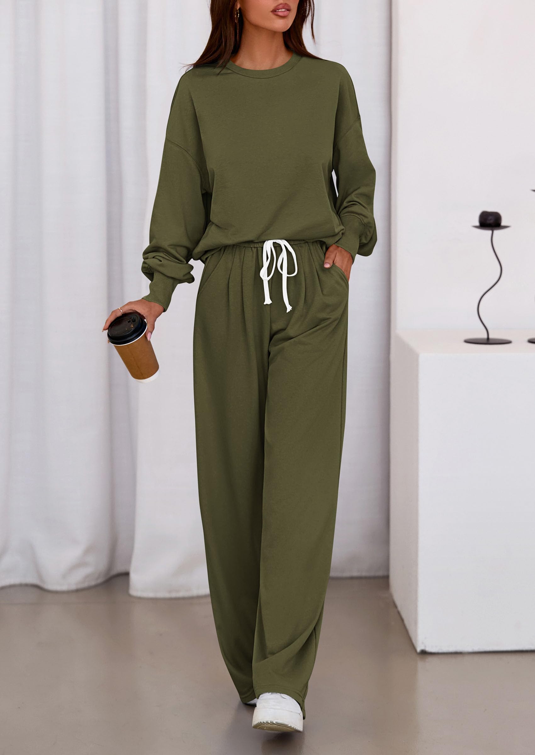 PRETTYGARDEN Womens 2 Piece Sets Long Sleeve Sweatshirt Wide Leg Pants Loose Matching Lounge Set Trendy Fall Outfits