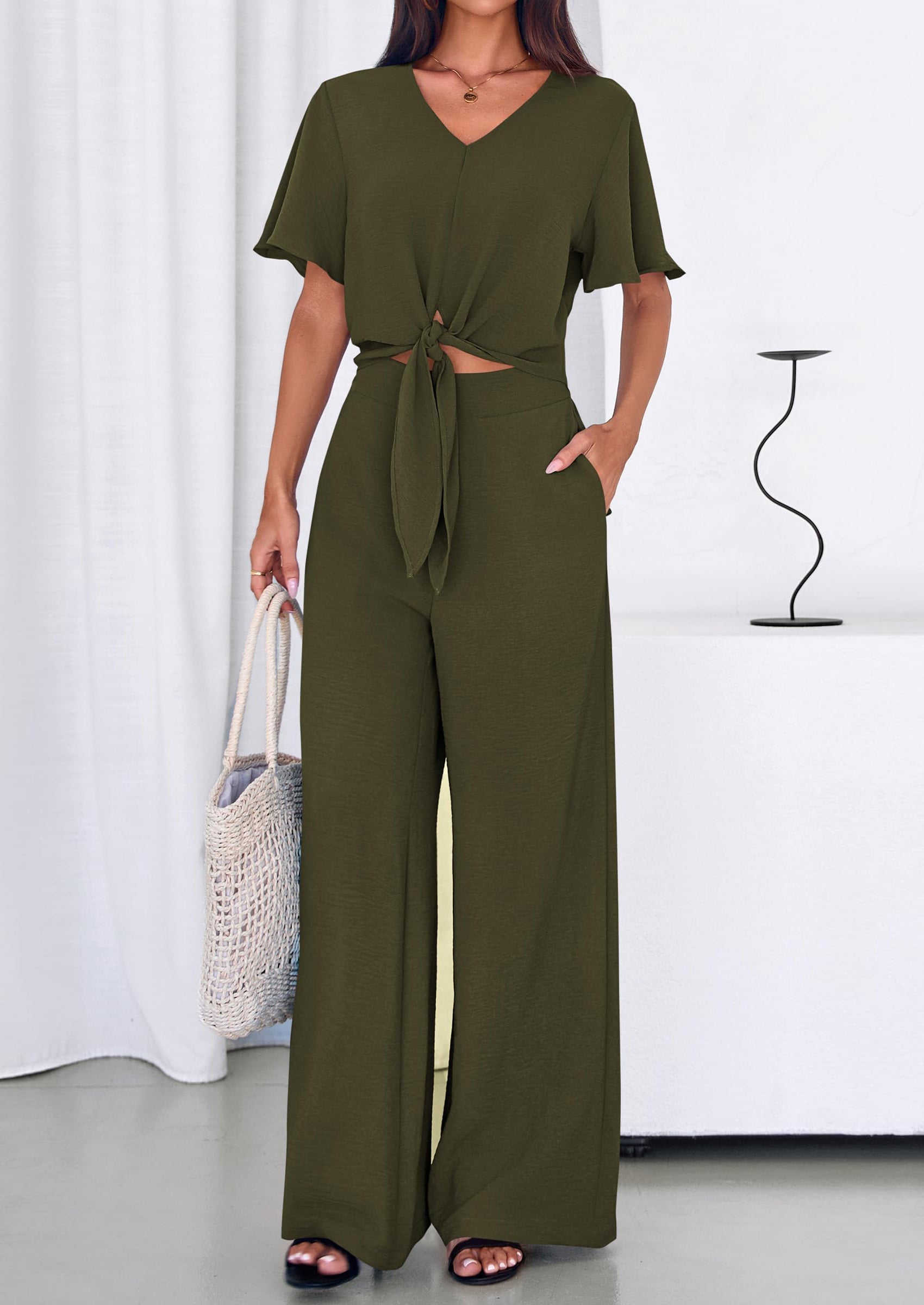 PRETTYGARDEN Women 2 Piece Summer Outfits Short Sleeve Strappy Top Wide Leg Pants Tracksuit Lounge Sets Beach Clothes