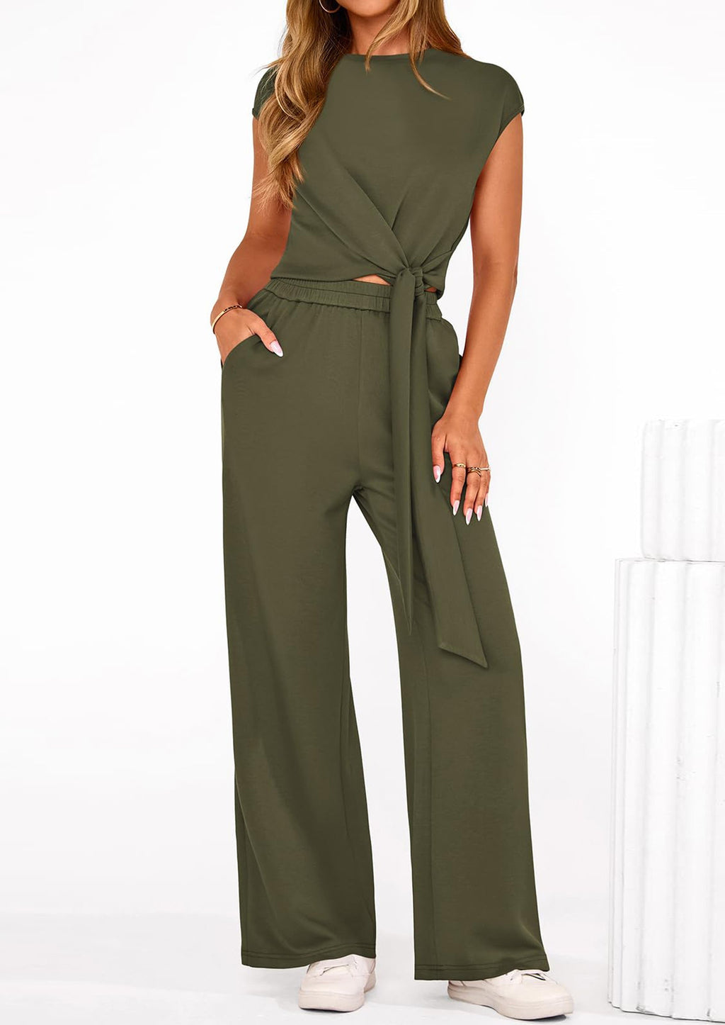 PRETTYGARDEN 2 Piece Matching Lounge Sets For Women Summer Short Sleeve Tie Front Crop Tops Casual Wide Leg Pants Tracksuit