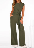 PRETTYGARDEN 2 Piece Matching Lounge Sets For Women Summer Short Sleeve Tie Front Crop Tops Casual Wide Leg Pants Tracksuit