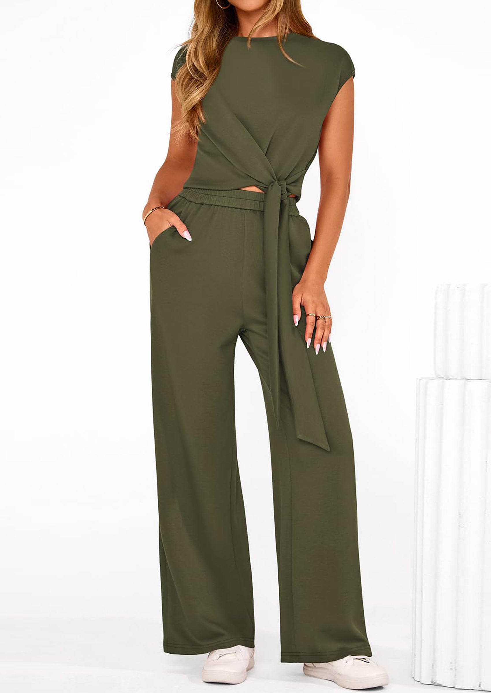 PRETTYGARDEN 2 Piece Matching Lounge Sets For Women Summer Short Sleeve Tie Front Crop Tops Casual Wide Leg Pants Tracksuit