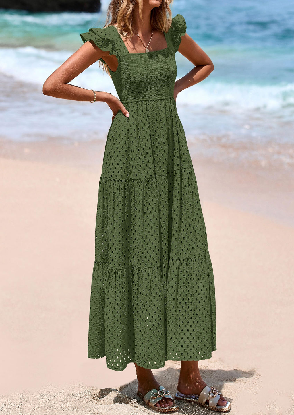 PRETTYGARDEN Womens Square Neck Maxi Dresses Cap Sleeve Eyelet Smocked Tiered A Line Flowy Long Dress with Pockets