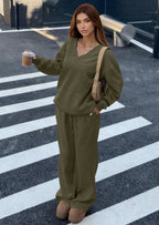 PRETTYGARDEN Casual Winter Two Piece Sets for Women V Neck Sweatshirt Loose Wide Leg Pants Tracksuit Knit Fall Outfits