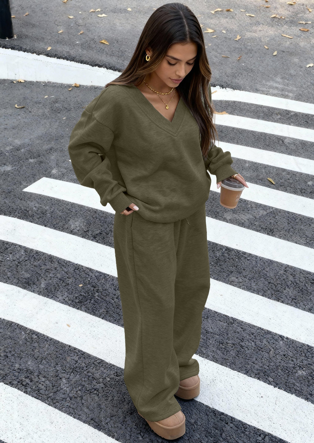 PRETTYGARDEN Casual Winter Two Piece Sets for Women V Neck Sweatshirt Loose Wide Leg Pants Tracksuit Knit Fall Outfits