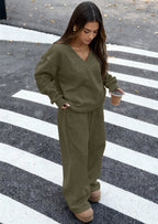PRETTYGARDEN Casual Winter Two Piece Sets for Women V Neck Sweatshirt Loose Wide Leg Pants Tracksuit Knit Fall Outfits