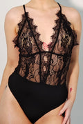 Choker Detail Extreme Plunge Lace Bodysuit in Black