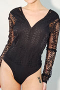 Lace V-Neck Long Sleeve Bodysuit in Black