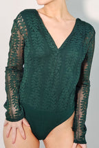 Lace V-Neck Long Sleeve Bodysuit in Green