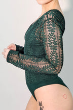 Lace V-Neck Long Sleeve Bodysuit in Green