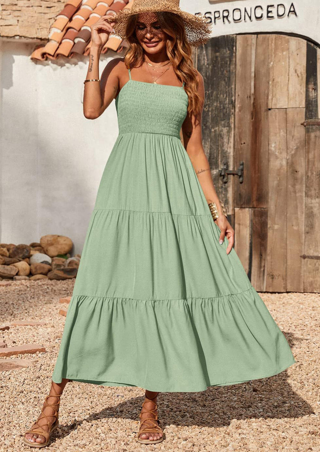 PRETTYGARDEN Women's Summer Maxi Dress Casual Boho Sleeveless Spaghetti Strap Smocked Tiered Long Beach Sundresses