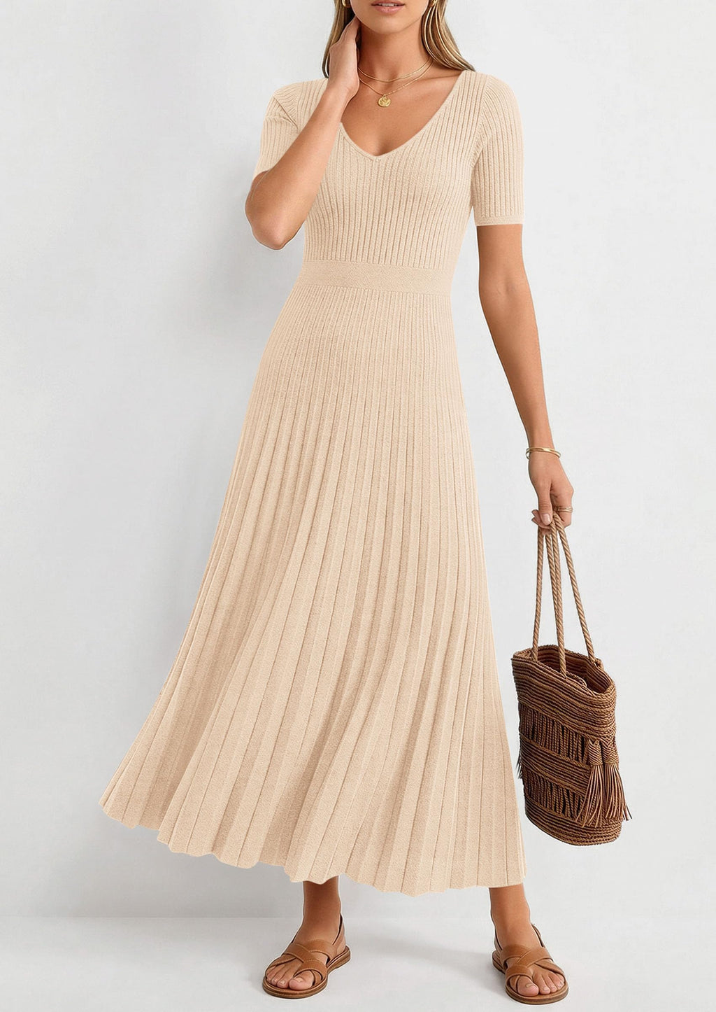 PRETTYGARDEN Women's Spring Midi Sweater Dresses Elegant Pleated Ribbed Knit Short Sleeve V Neck A Line Summer Outfits