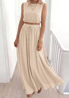 PRETTYGARDEN 2 Piece Sets for Women Summer Outfits Fashion Cotton Sleeveless Crop Top Long Maxi Skirt Set with Pockets
