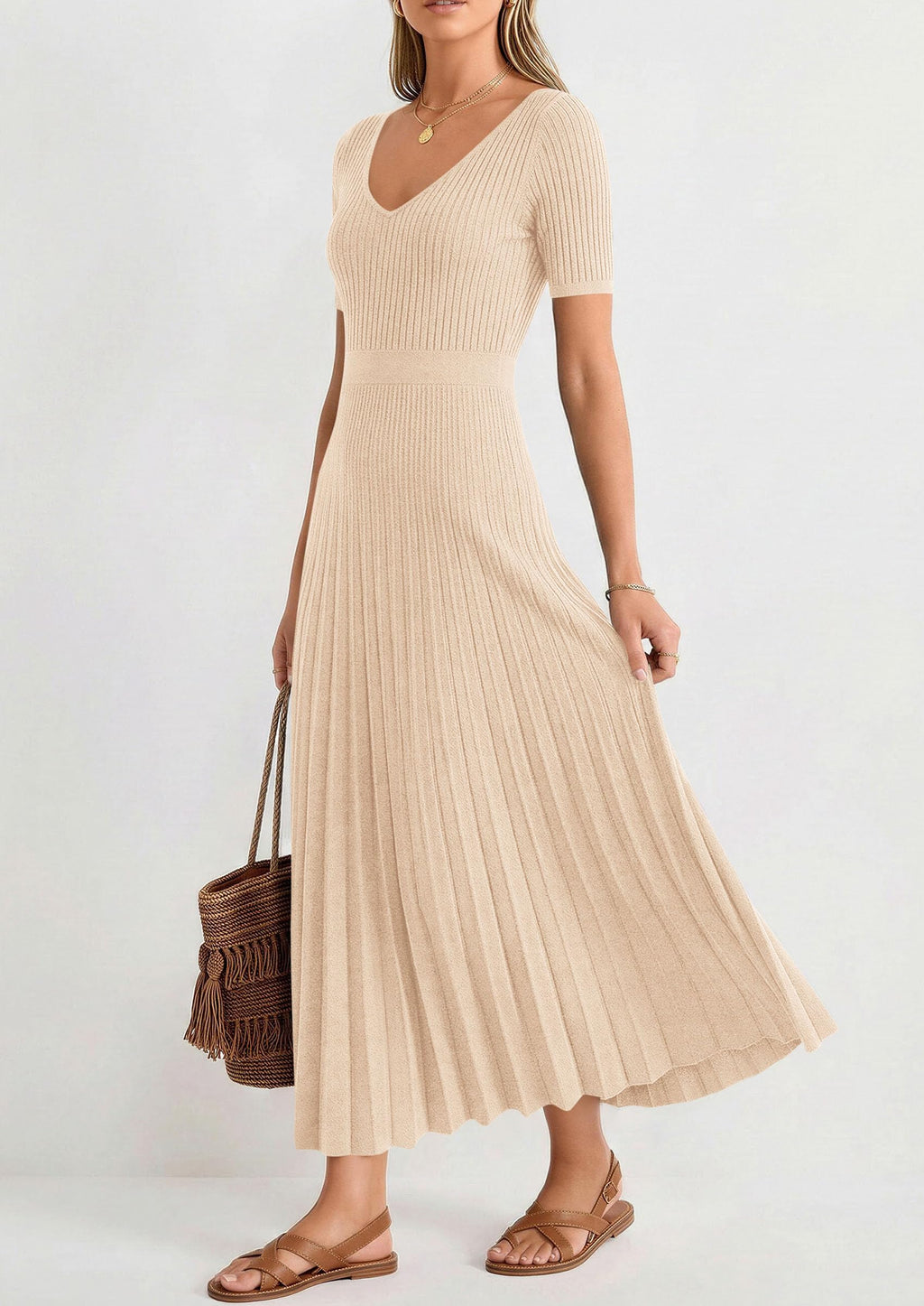 PRETTYGARDEN Women's Spring Midi Sweater Dresses Elegant Pleated Ribbed Knit Short Sleeve V Neck A Line Summer Outfits