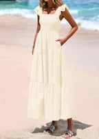 PRETTYGARDEN Womens Square Neck Maxi Dresses Cap Sleeve Eyelet Smocked Tiered A Line Flowy Long Dress with Pockets