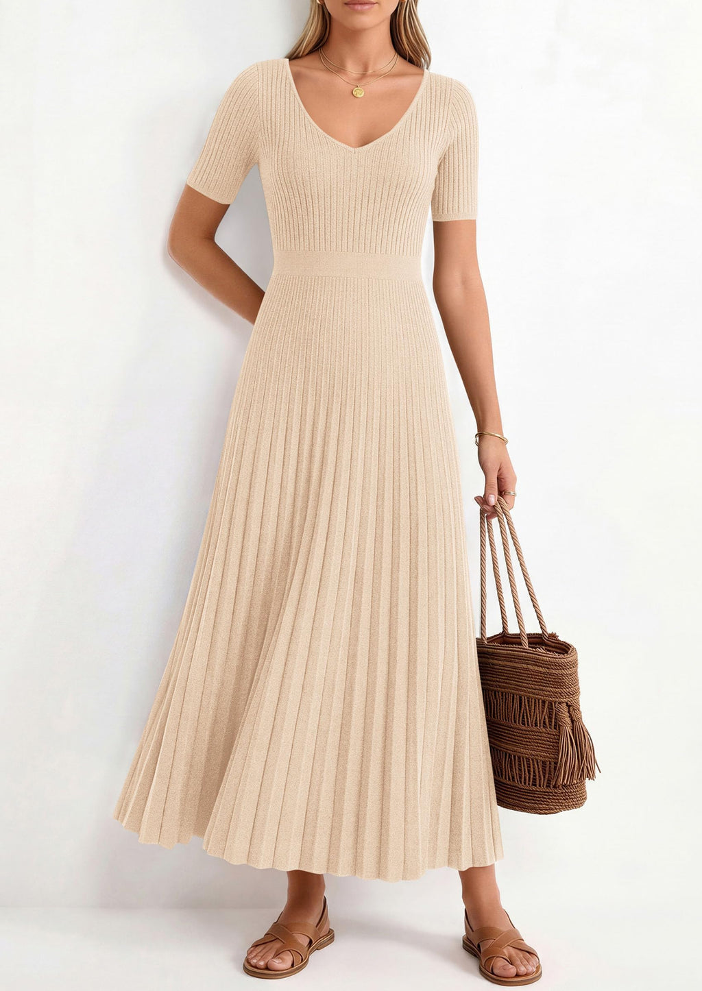 PRETTYGARDEN Women's Spring Midi Sweater Dresses Elegant Pleated Ribbed Knit Short Sleeve V Neck A Line Summer Outfits
