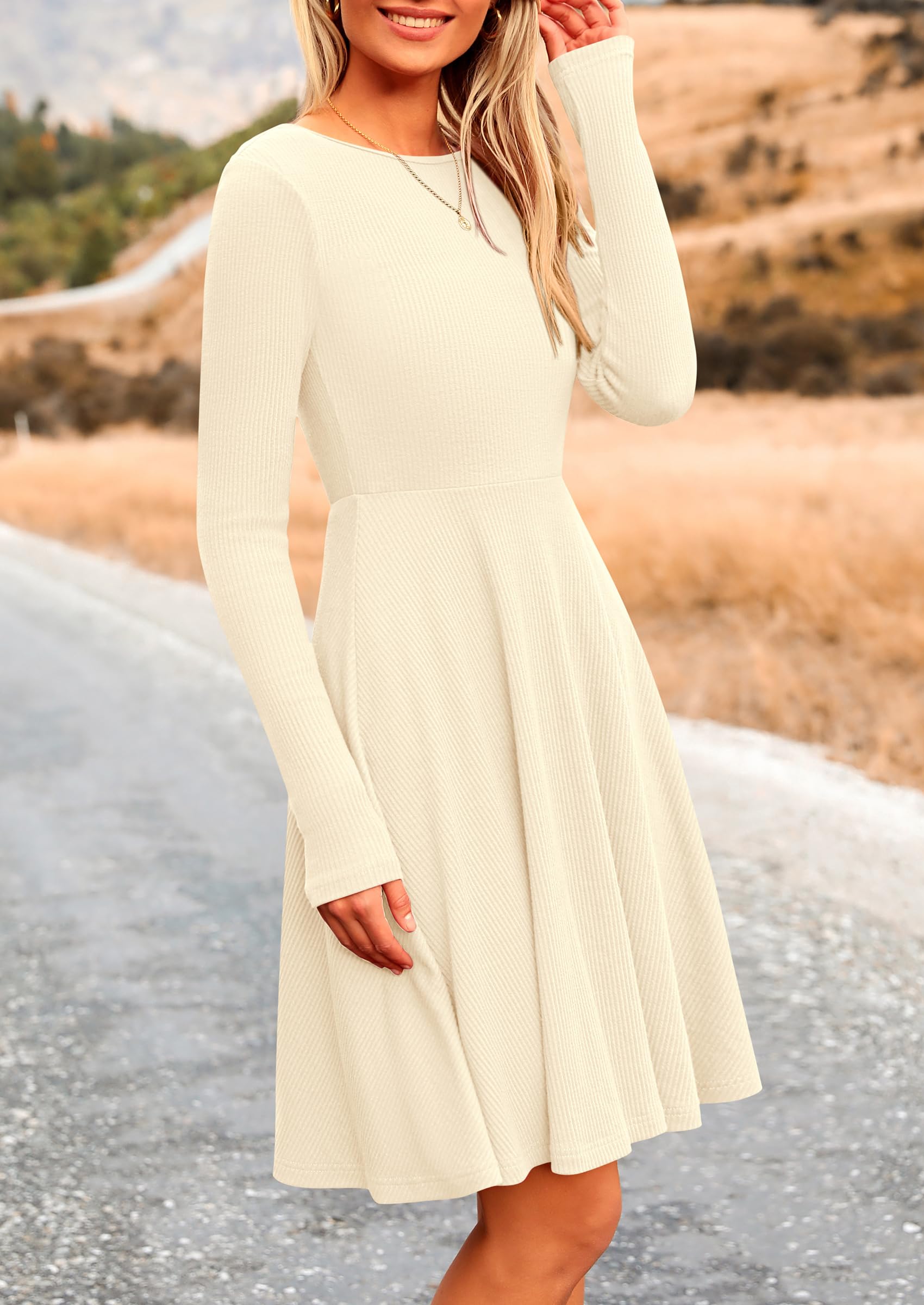PRETTYGARDEN Women's Spring Fall Short Dress Ribbed Knit Crewneck Long Sleeve A Line Flowy Casual Elegant Going Out Dresses