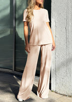 PRETTYGARDEN Summer Lounge Sets for Women 2 Piece Short Sleeve Crewneck Cute Tops and Wide Leg Pants with Pockets Pj Set