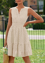 PRETTYGARDEN Women's Summer Dresses Sleeveless V Neck Eyelet Hollow Out Swing A Line Beach Vacation Sun Dress