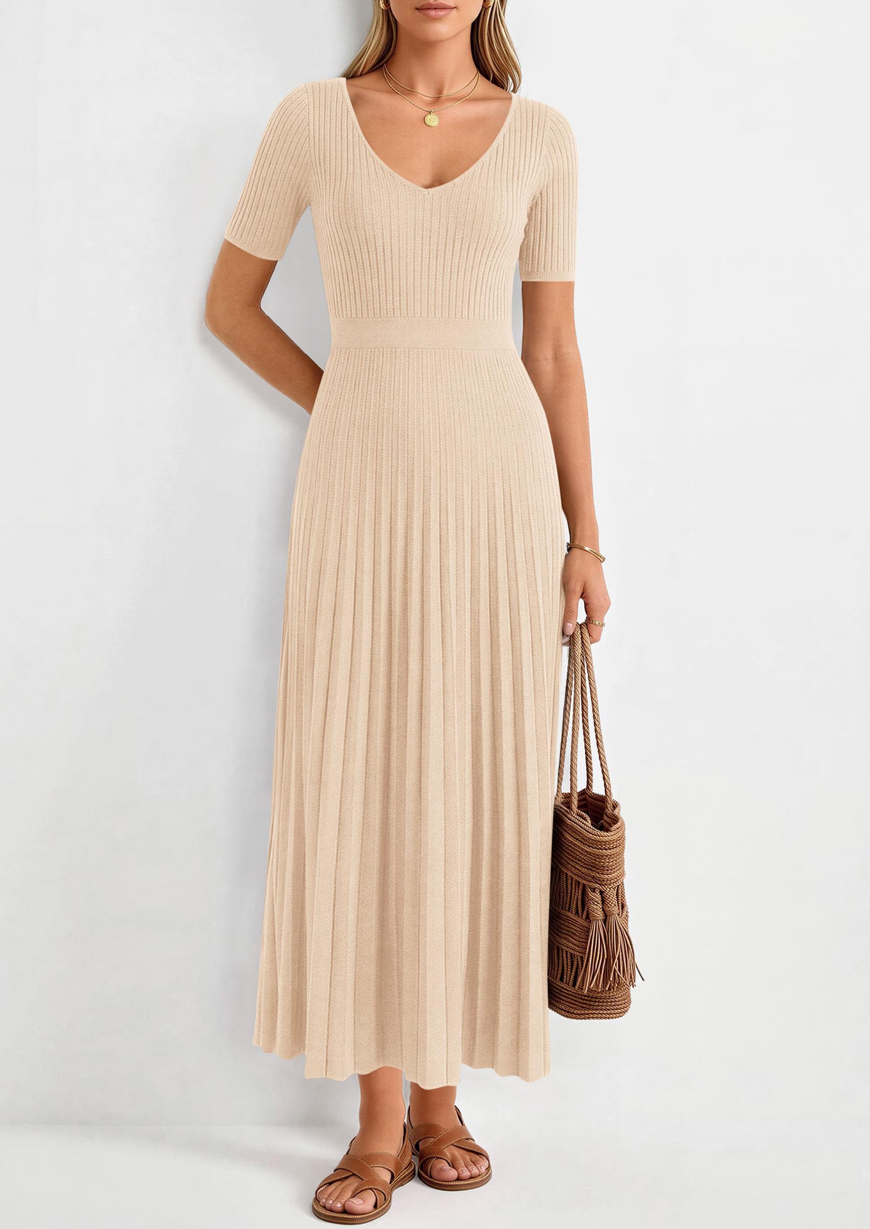 PRETTYGARDEN Women's Spring Midi Sweater Dresses Elegant Pleated Ribbed Knit Short Sleeve V Neck A Line Summer Outfits