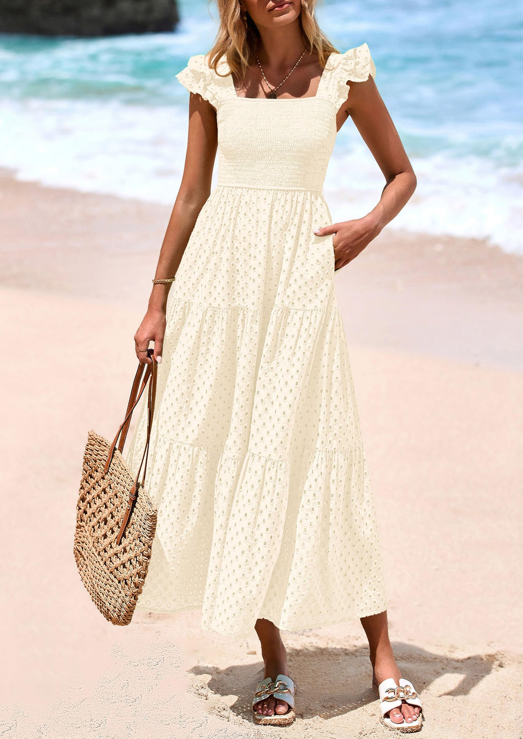 PRETTYGARDEN Womens Square Neck Maxi Dresses Cap Sleeve Eyelet Smocked Tiered A Line Flowy Long Dress with Pockets