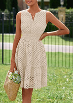 PRETTYGARDEN Women's Summer Dresses Sleeveless V Neck Eyelet Hollow Out Swing A Line Beach Vacation Sun Dress