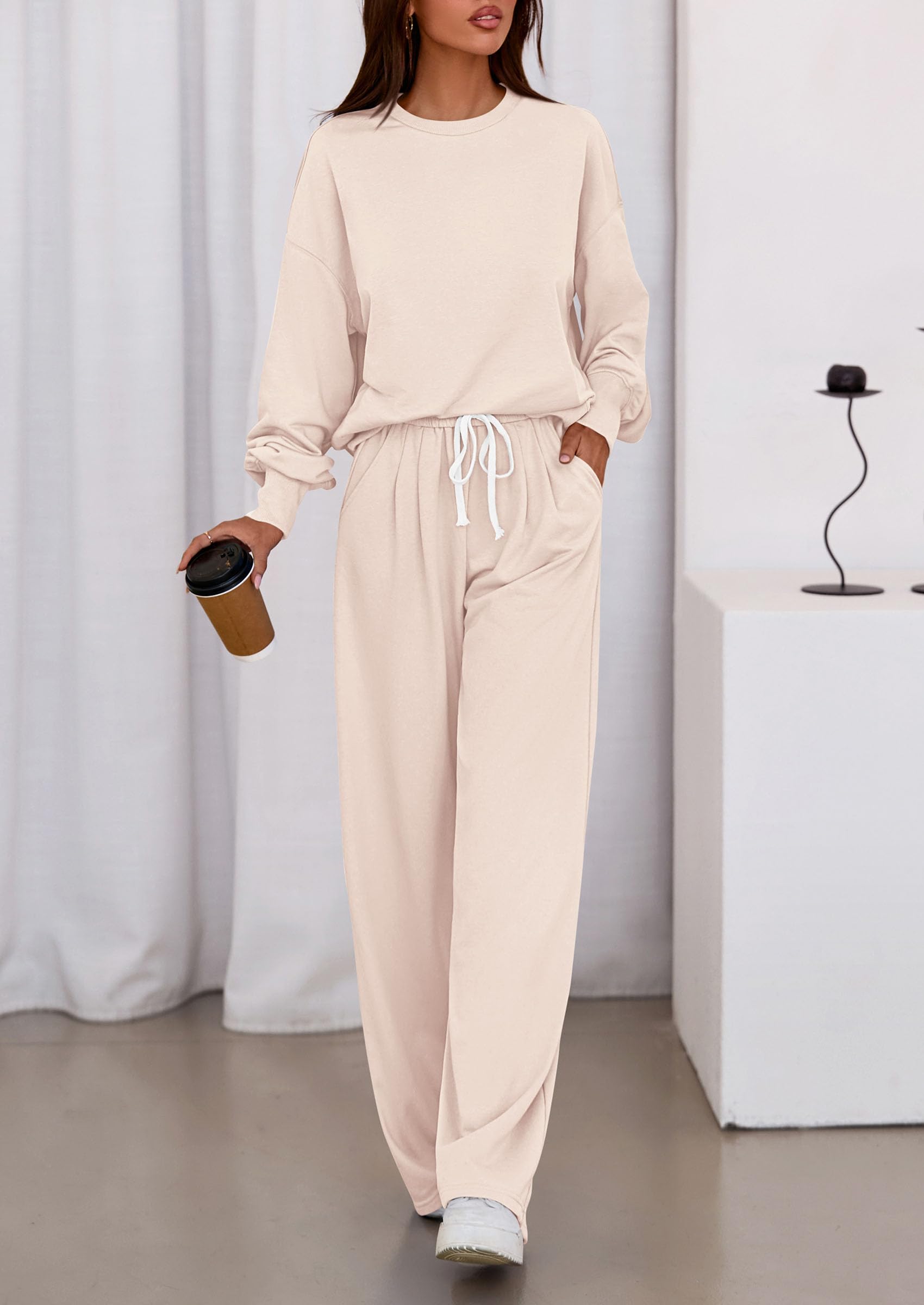 PRETTYGARDEN Womens 2 Piece Sets Long Sleeve Sweatshirt Wide Leg Pants Loose Matching Lounge Set Trendy Fall Outfits