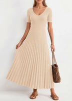 PRETTYGARDEN Women's Spring Midi Sweater Dresses Elegant Pleated Ribbed Knit Short Sleeve V Neck A Line Summer Outfits