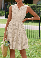 PRETTYGARDEN Women's Summer Dresses Sleeveless V Neck Eyelet Hollow Out Swing A Line Beach Vacation Sun Dress