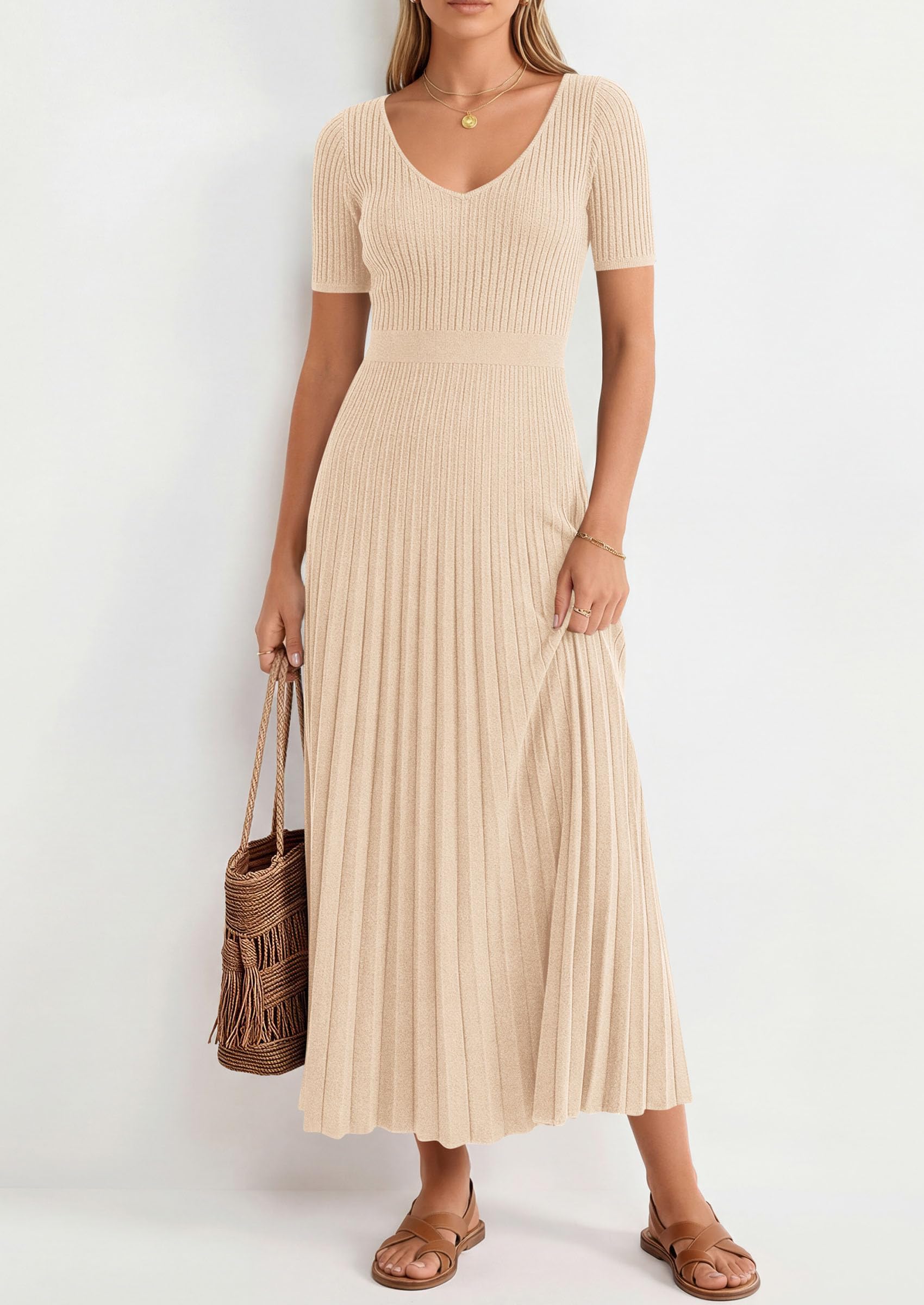PRETTYGARDEN Women's Spring Midi Sweater Dresses Elegant Pleated Ribbed Knit Short Sleeve V Neck A Line Summer Outfits