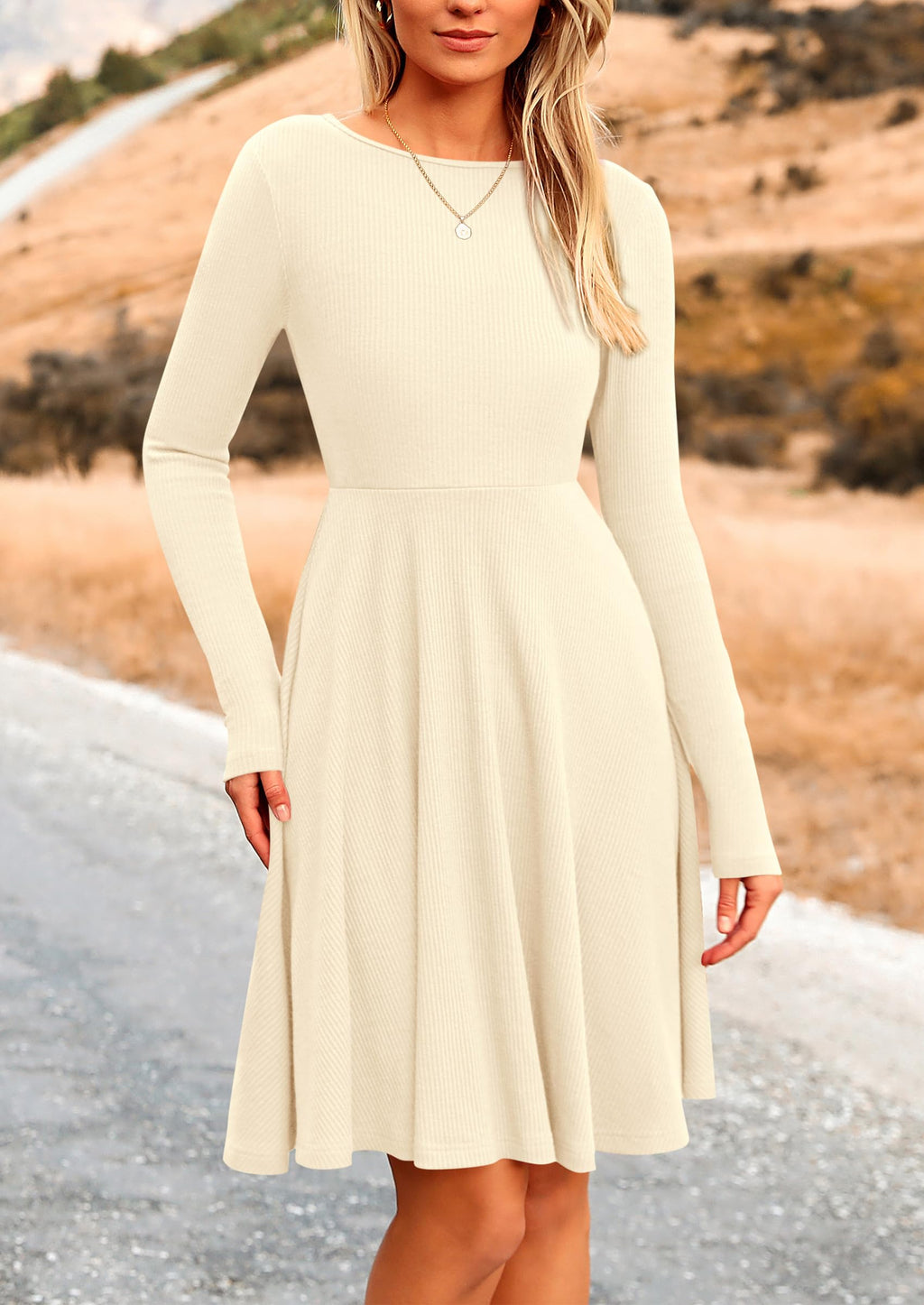PRETTYGARDEN Women's Spring Fall Short Dress Ribbed Knit Crewneck Long Sleeve A Line Flowy Casual Elegant Going Out Dresses