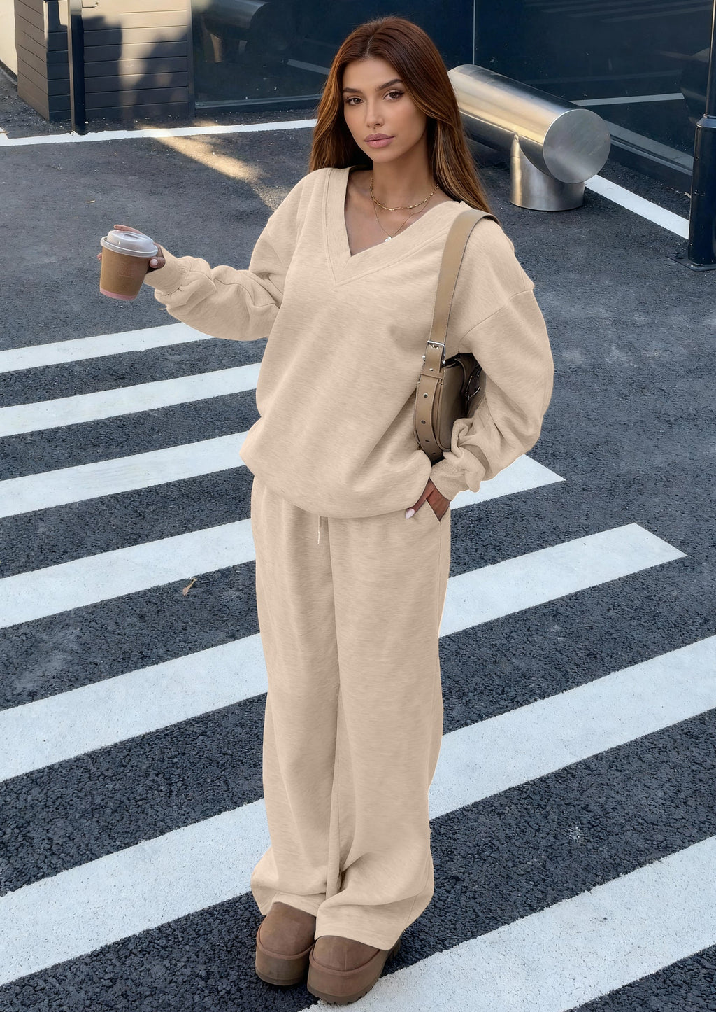 PRETTYGARDEN Casual Winter Two Piece Sets for Women V Neck Sweatshirt Loose Wide Leg Pants Tracksuit Knit Fall Outfits