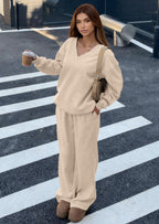 PRETTYGARDEN Casual Winter Two Piece Sets for Women V Neck Sweatshirt Loose Wide Leg Pants Tracksuit Knit Fall Outfits