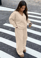 PRETTYGARDEN Casual Winter Two Piece Sets for Women V Neck Sweatshirt Loose Wide Leg Pants Tracksuit Knit Fall Outfits
