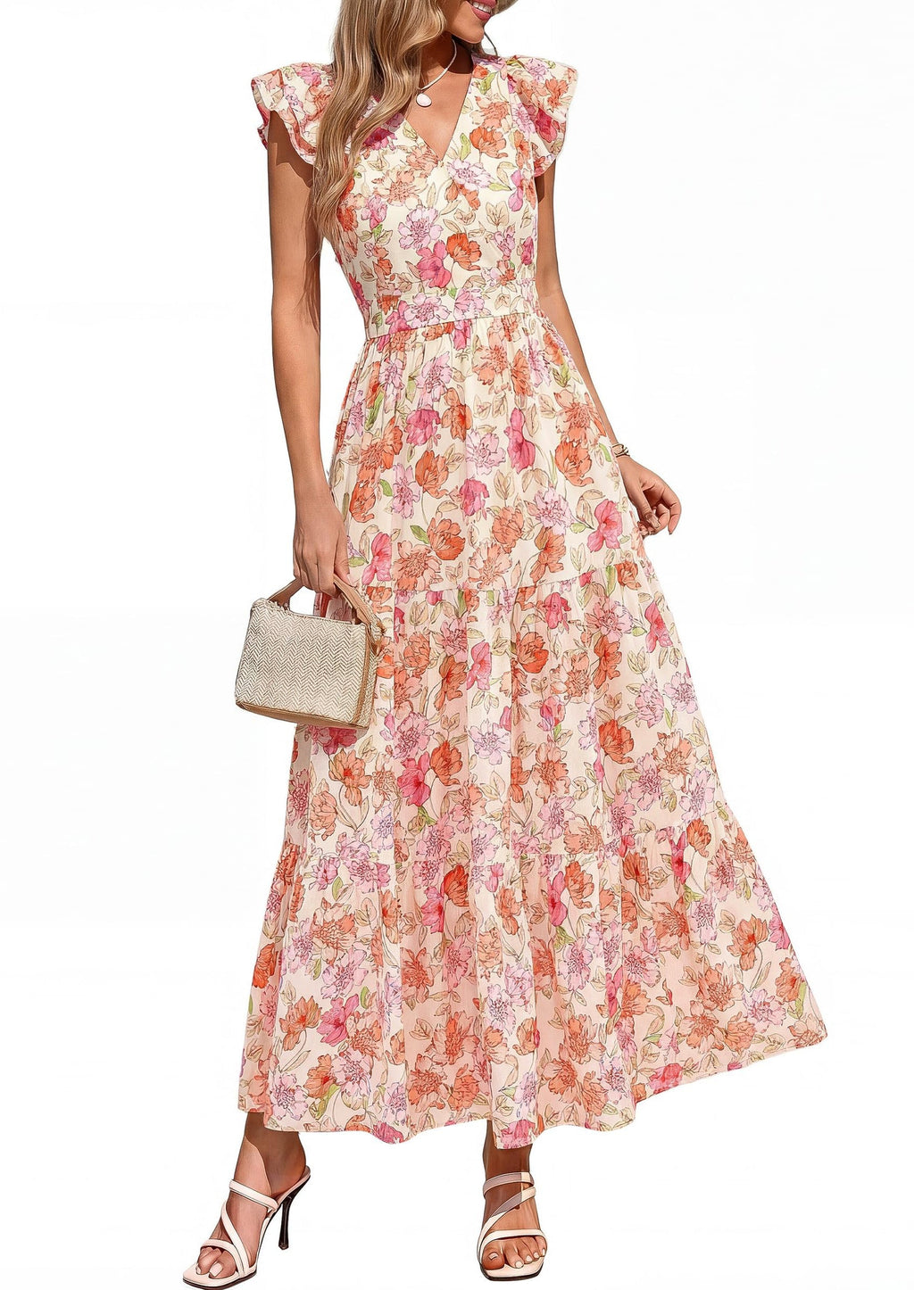 PRETTYGARDEN Womens Summer Maxi Dresses Casual V Neck Ruffle Sleeve Wrap V Neck Floral A Line Flowy Beach Boho Dress