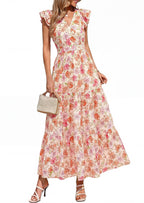PRETTYGARDEN Womens Summer Maxi Dresses Casual V Neck Ruffle Sleeve Wrap V Neck Floral A Line Flowy Beach Boho Dress