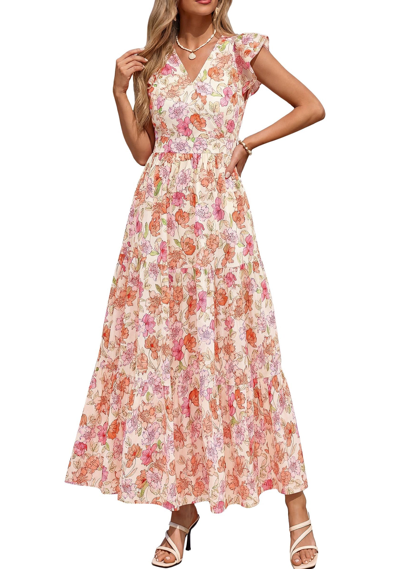 PRETTYGARDEN Womens Summer Maxi Dresses Casual V Neck Ruffle Sleeve Wrap V Neck Floral A Line Flowy Beach Boho Dress