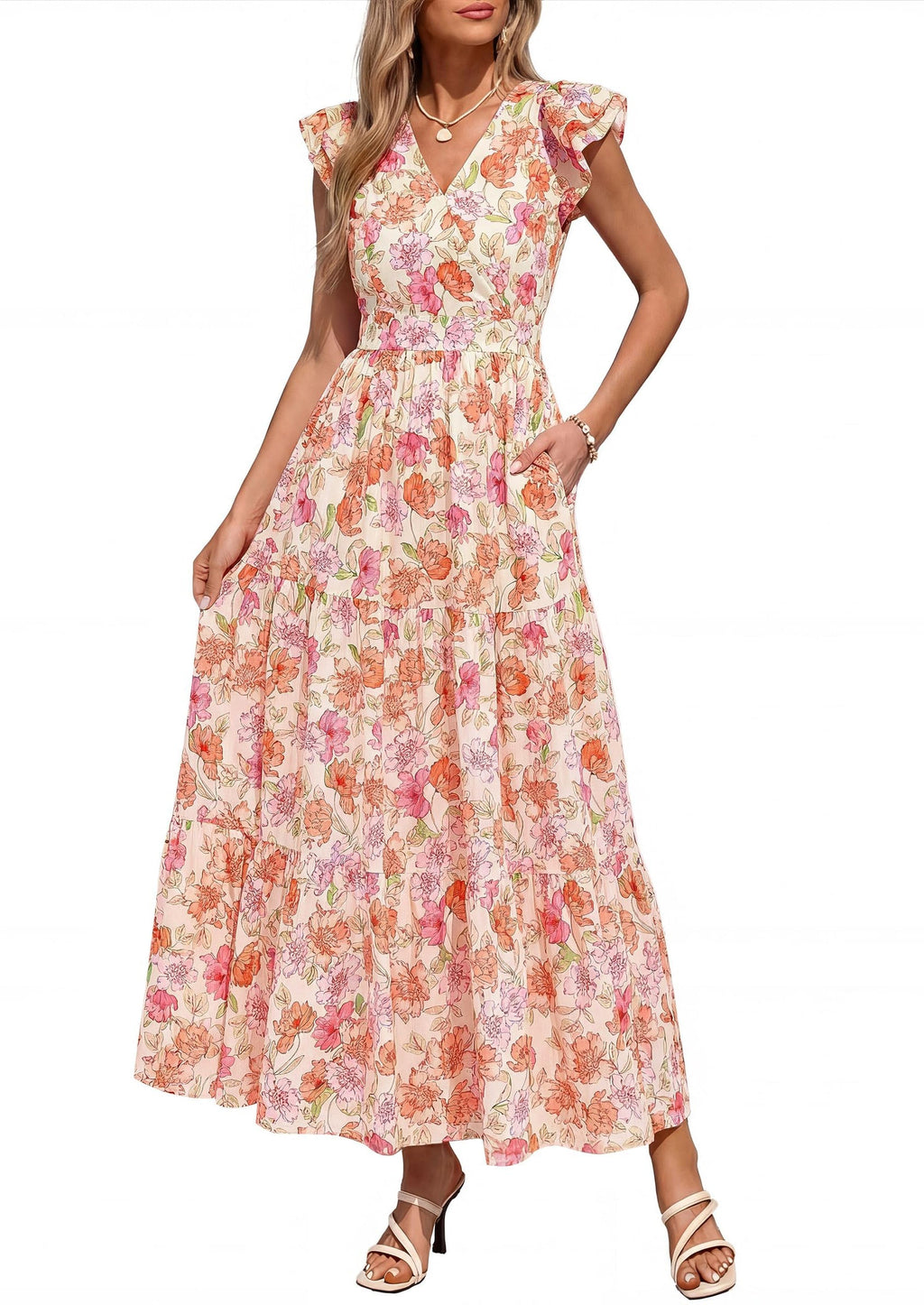 PRETTYGARDEN Womens Summer Maxi Dresses Casual V Neck Ruffle Sleeve Wrap V Neck Floral A Line Flowy Beach Boho Dress