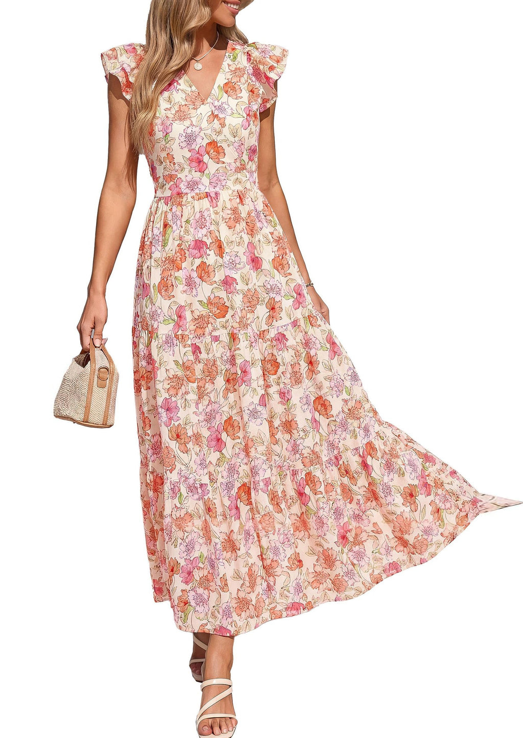 PRETTYGARDEN Womens Summer Maxi Dresses Casual V Neck Ruffle Sleeve Wrap V Neck Floral A Line Flowy Beach Boho Dress