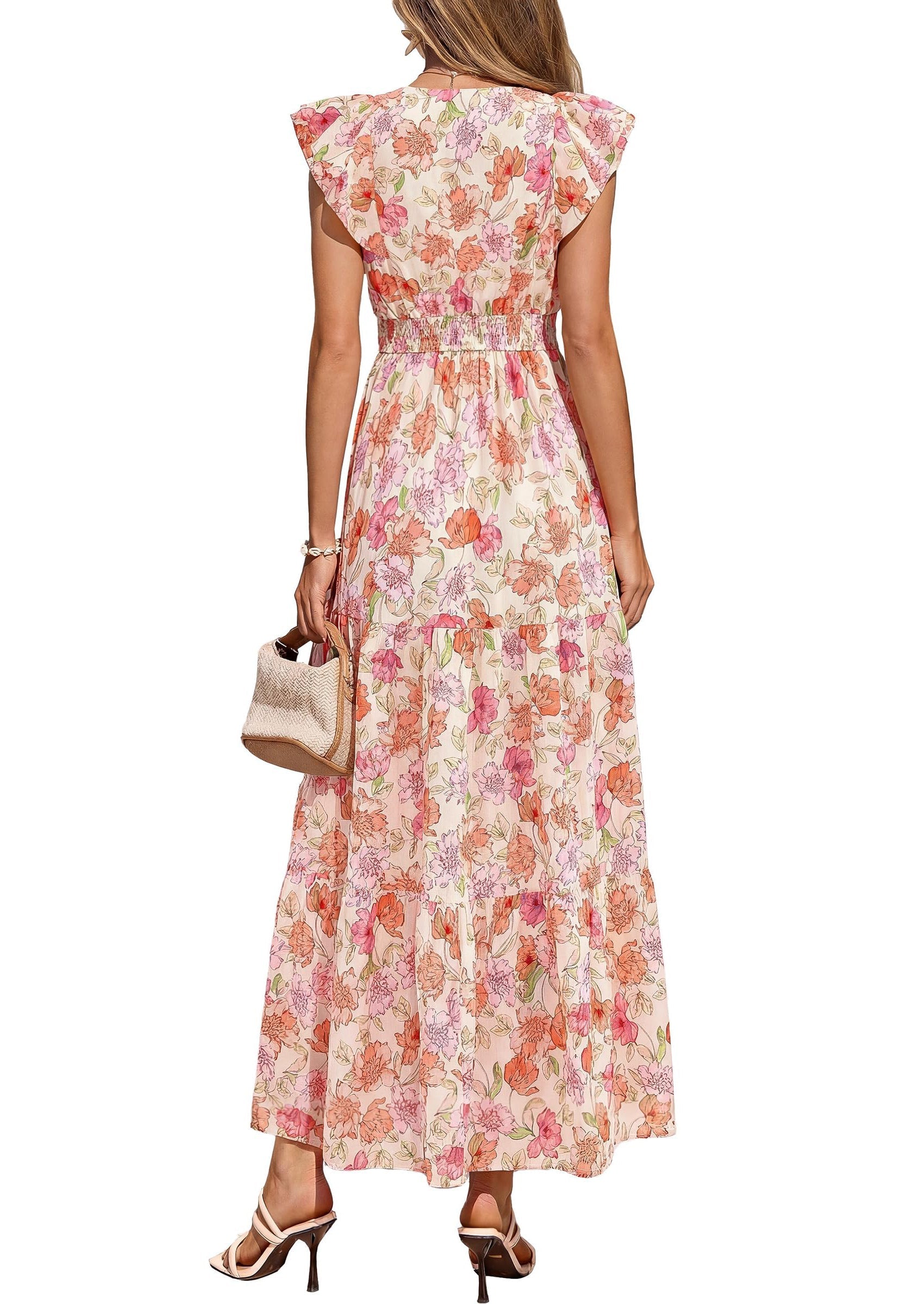 PRETTYGARDEN Womens Summer Maxi Dresses Casual V Neck Ruffle Sleeve Wrap V Neck Floral A Line Flowy Beach Boho Dress