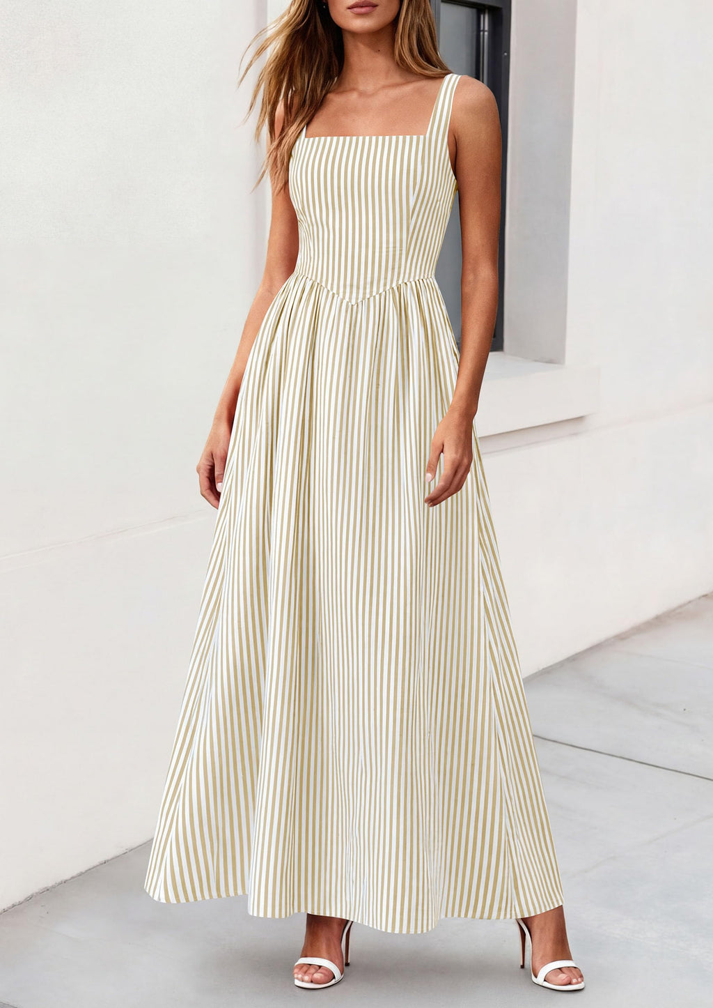 PRETTYGARDEN Women's Maxi Striped Dress Summer Sleeveless Square Neck Smocked A Line Long Flowy Spring Vacation Sundress
