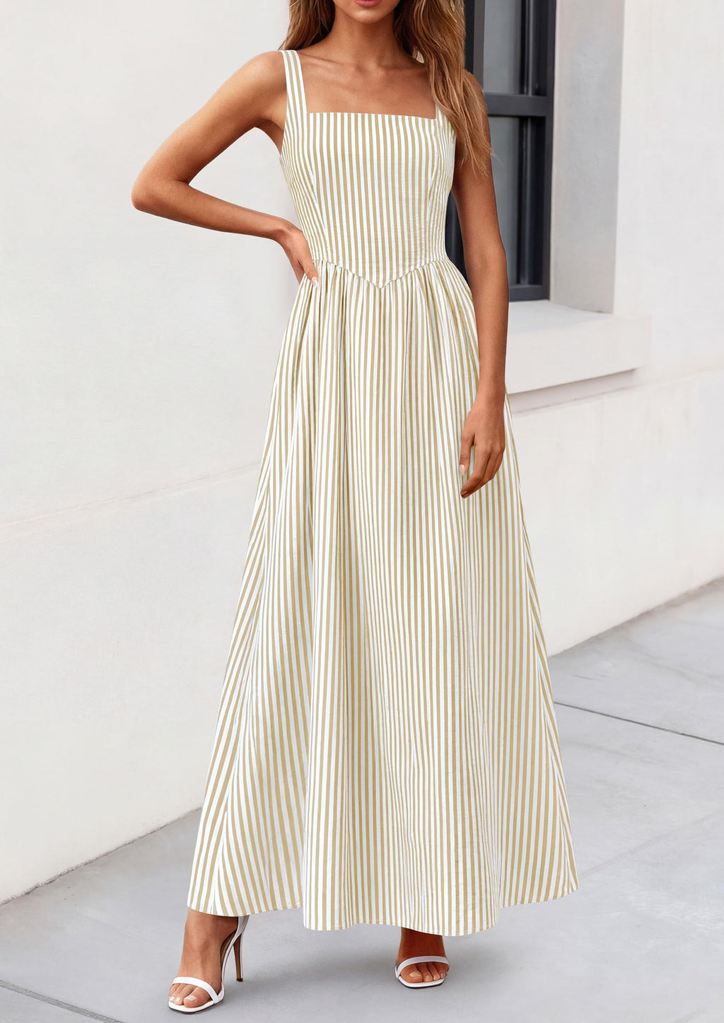 PRETTYGARDEN Women's Maxi Striped Dress Summer Sleeveless Square Neck Smocked A Line Long Flowy Spring Vacation Sundress