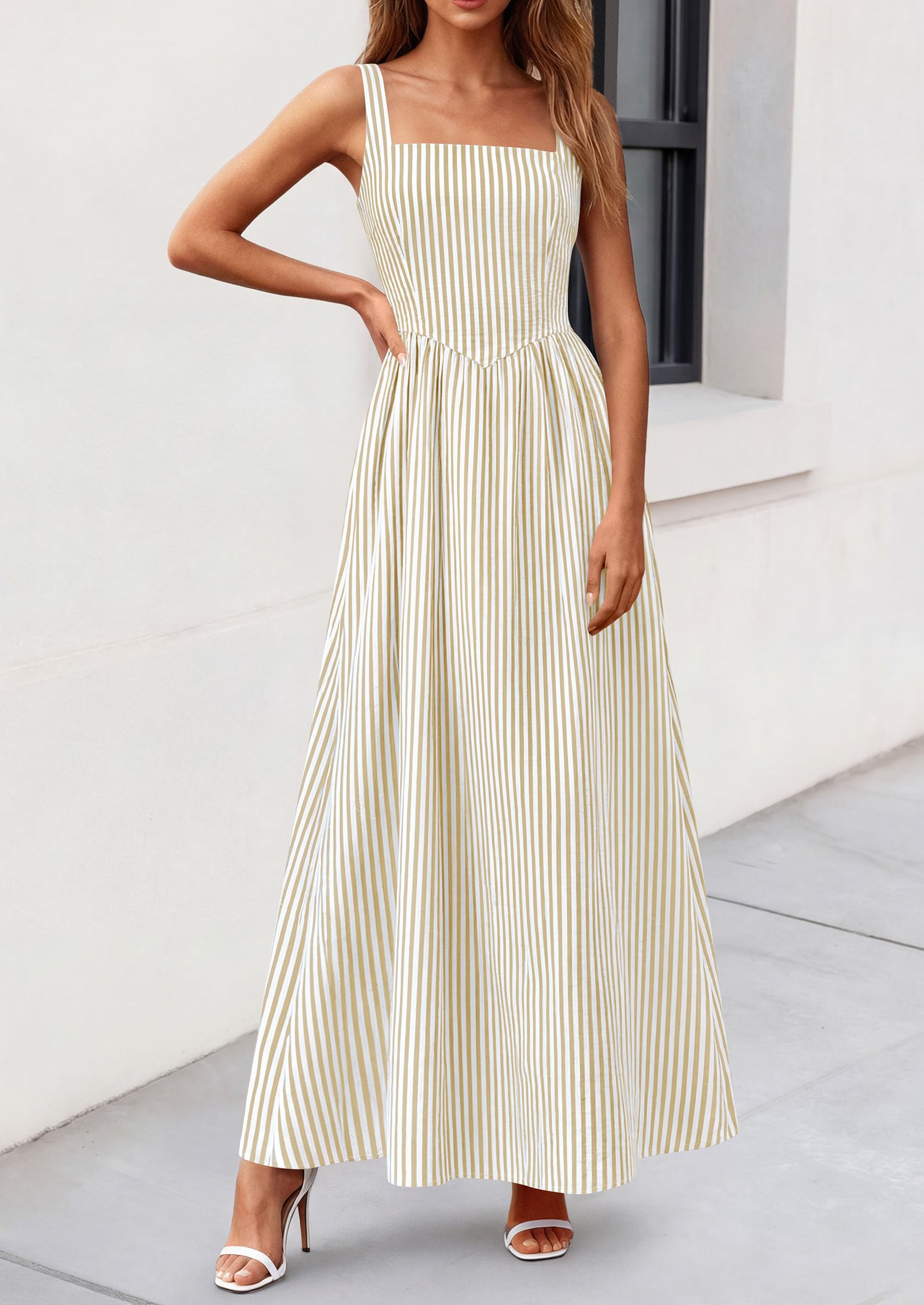 PRETTYGARDEN Women's Maxi Striped Dress Summer Sleeveless Square Neck Smocked A Line Long Flowy Spring Vacation Sundress