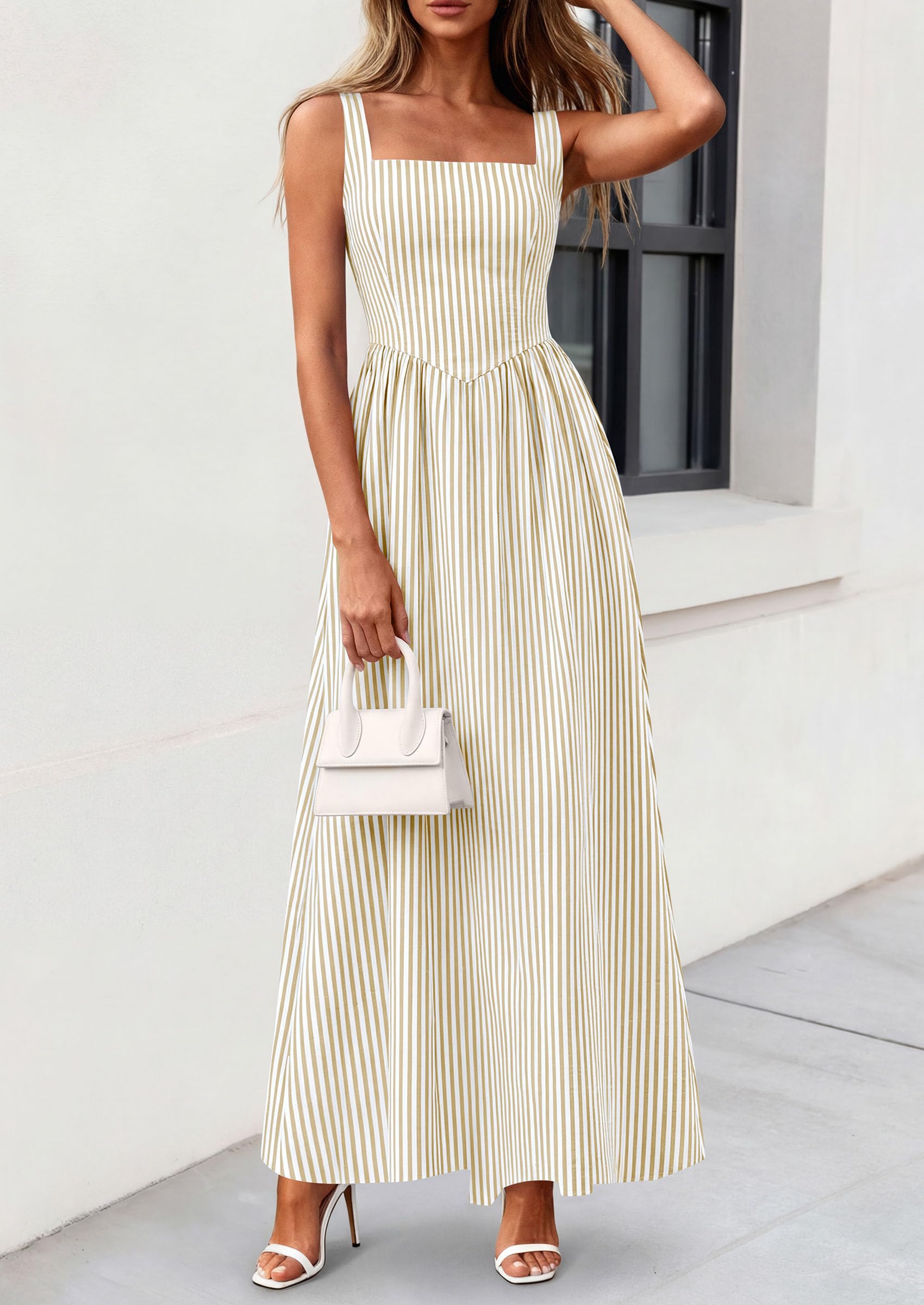 PRETTYGARDEN Women's Maxi Striped Dress Summer Sleeveless Square Neck Smocked A Line Long Flowy Spring Vacation Sundress