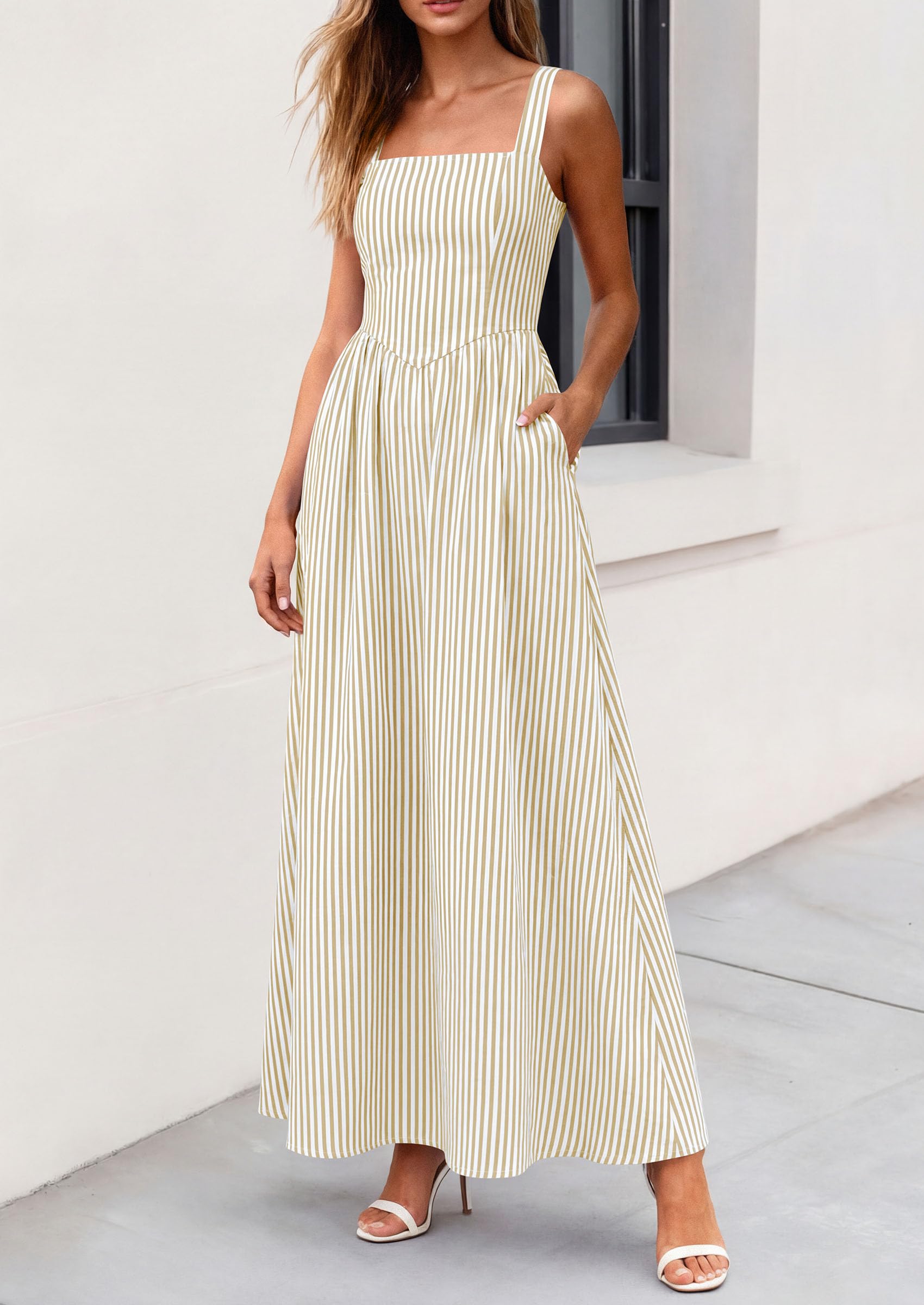 PRETTYGARDEN Women's Maxi Striped Dress Summer Sleeveless Square Neck Smocked A Line Long Flowy Spring Vacation Sundress