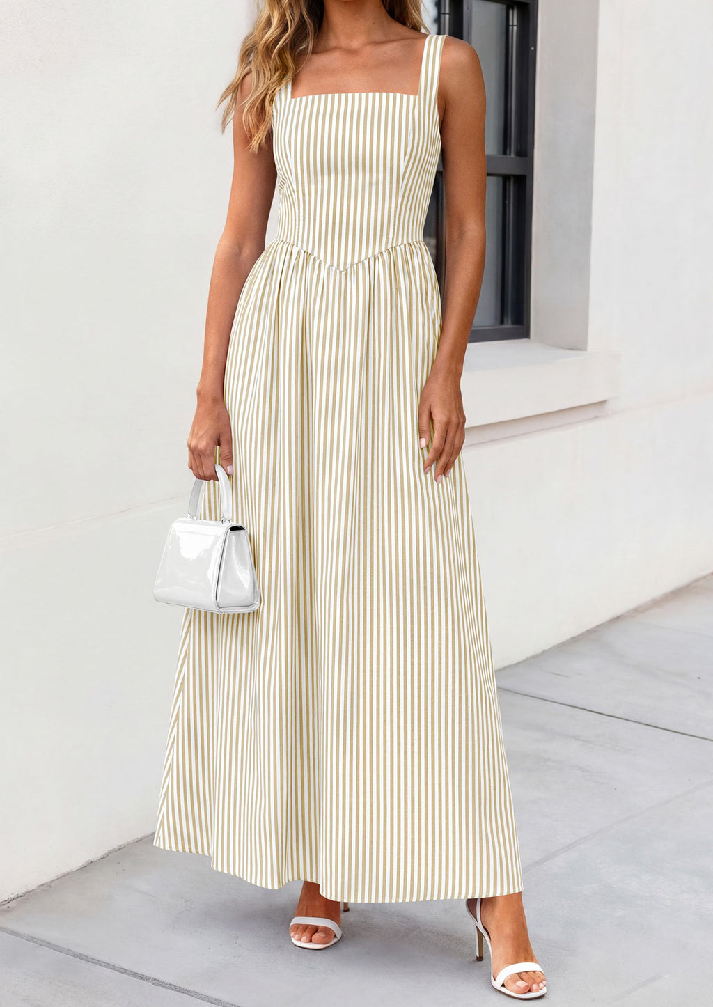 PRETTYGARDEN Women's Maxi Striped Dress Summer Sleeveless Square Neck Smocked A Line Long Flowy Spring Vacation Sundress